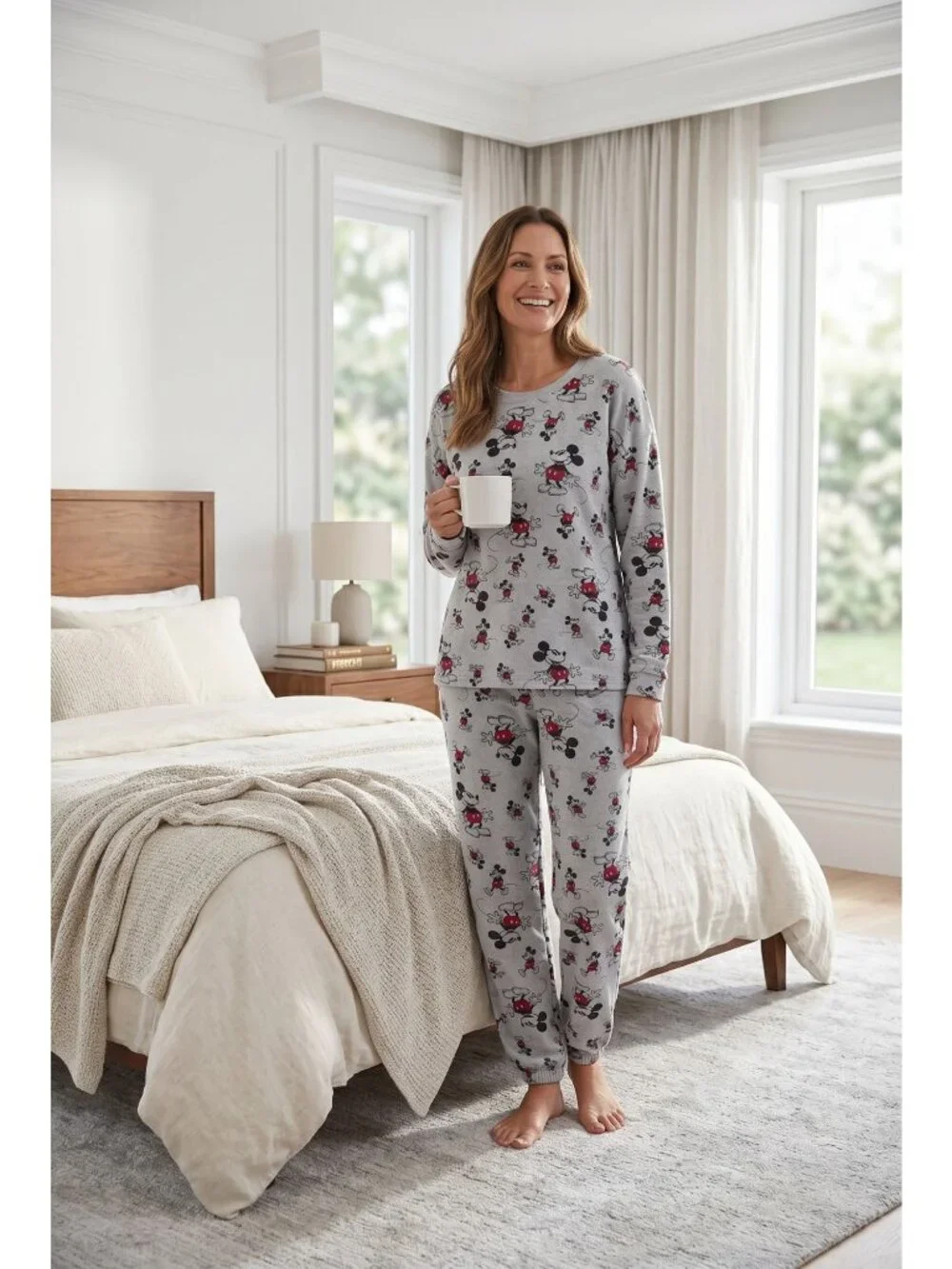 Disney Mickey Mouse Womens Pajama Set L 12-14 Gray Fleece Jogger Lounge NWT